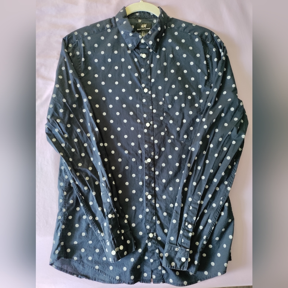H&M small slim polka-dot pattern button down dress shirt navy blue silvery white